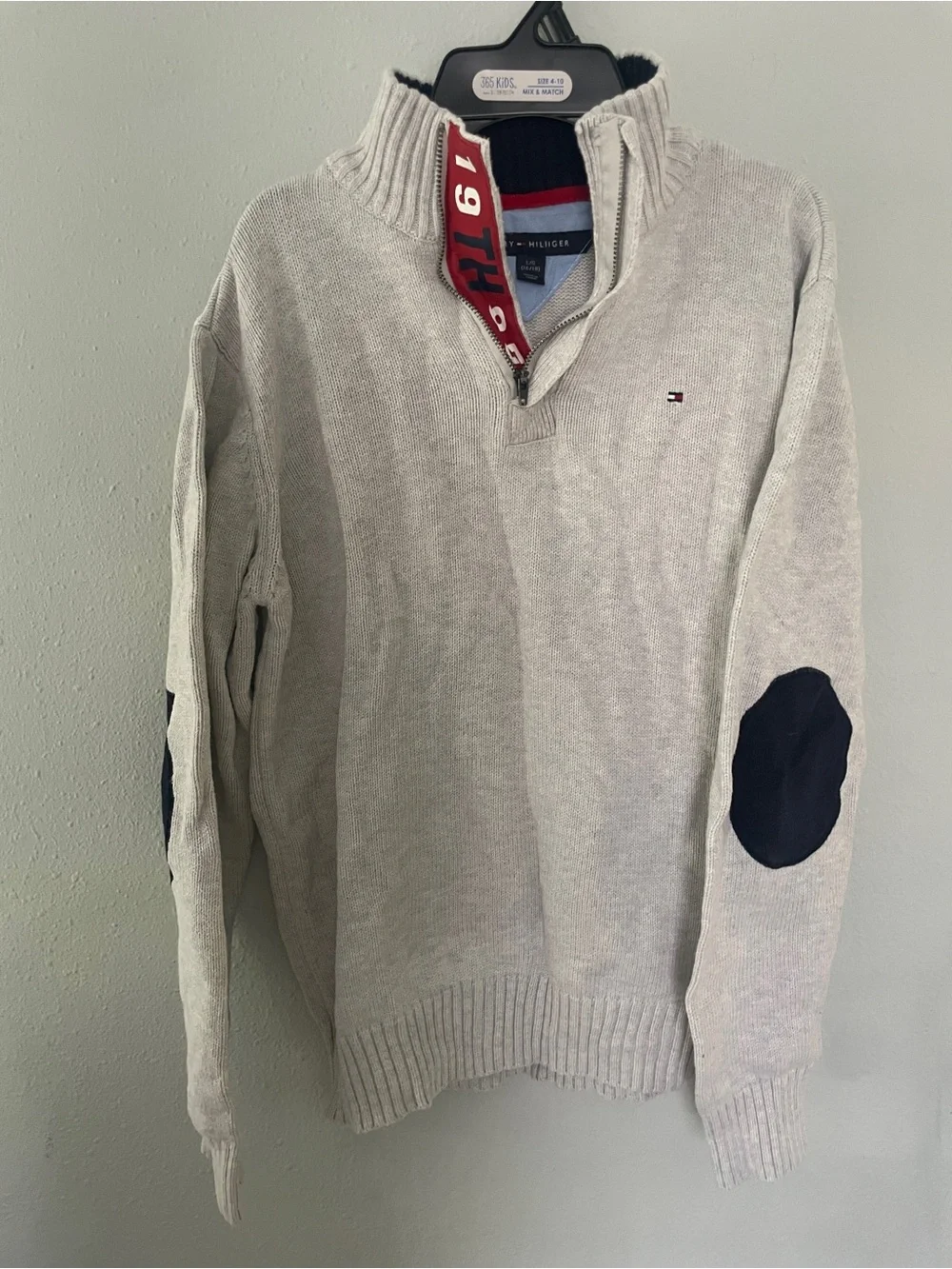 Tommy Hilfiger kids large Light Gray Half-Zip Sweater with Navy Elbow Patches